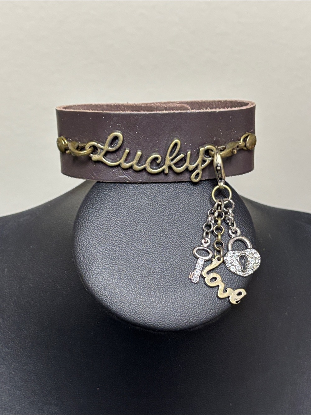 Brown Leather 'Lucky' Charm Bracelet Rhinestone Dangle Charms